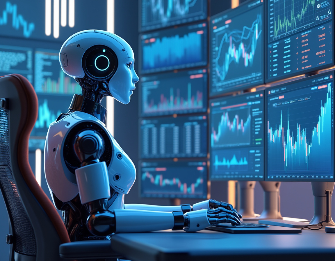 Hyper-realistic AI trading bot at workstation, analyzing market data on screens with stock charts.