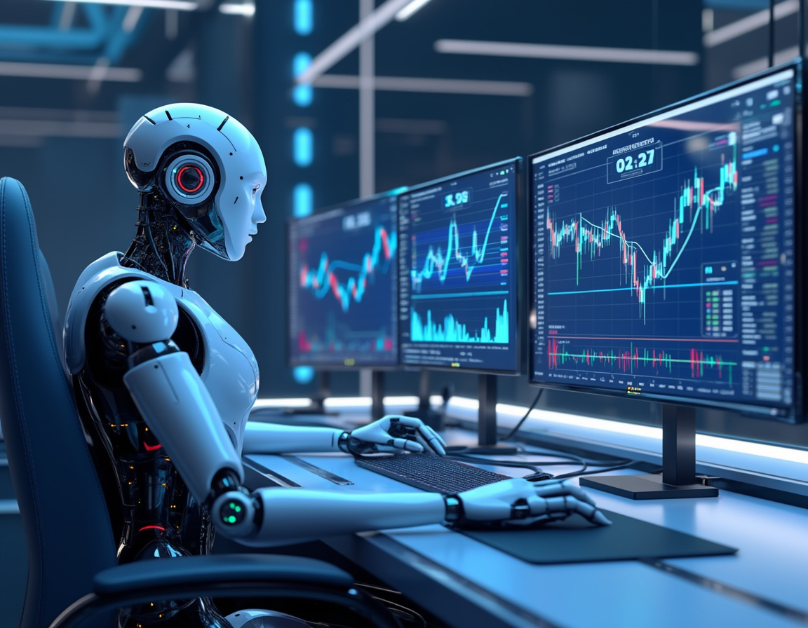 A humanoid AI trading bot analyzes data at a high-tech workstation, illuminated by soft neon lights.