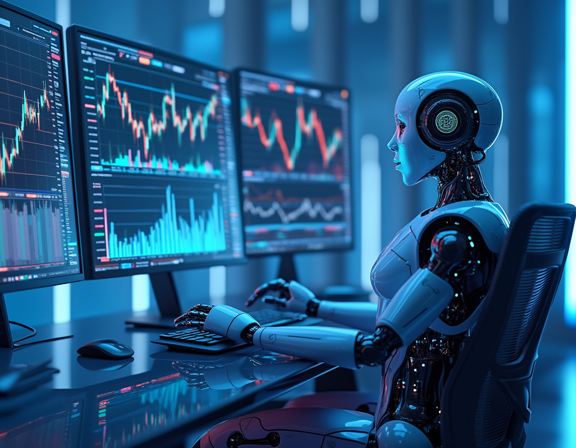 A humanoid AI trading bot analyzes market data at a high-tech workstation with glowing screens.
