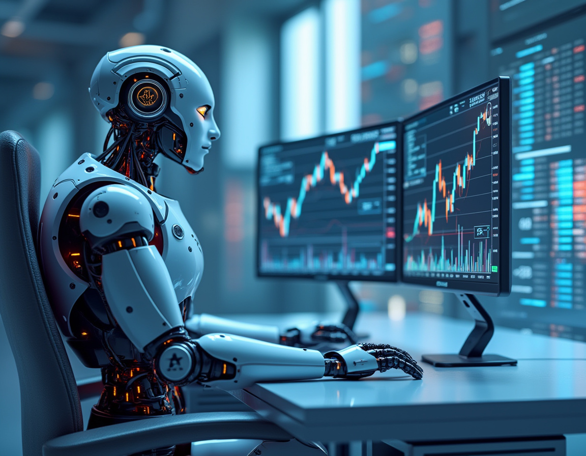 A humanoid AI trading bot sits at a workstation, analyzing market data on multiple glowing screens.