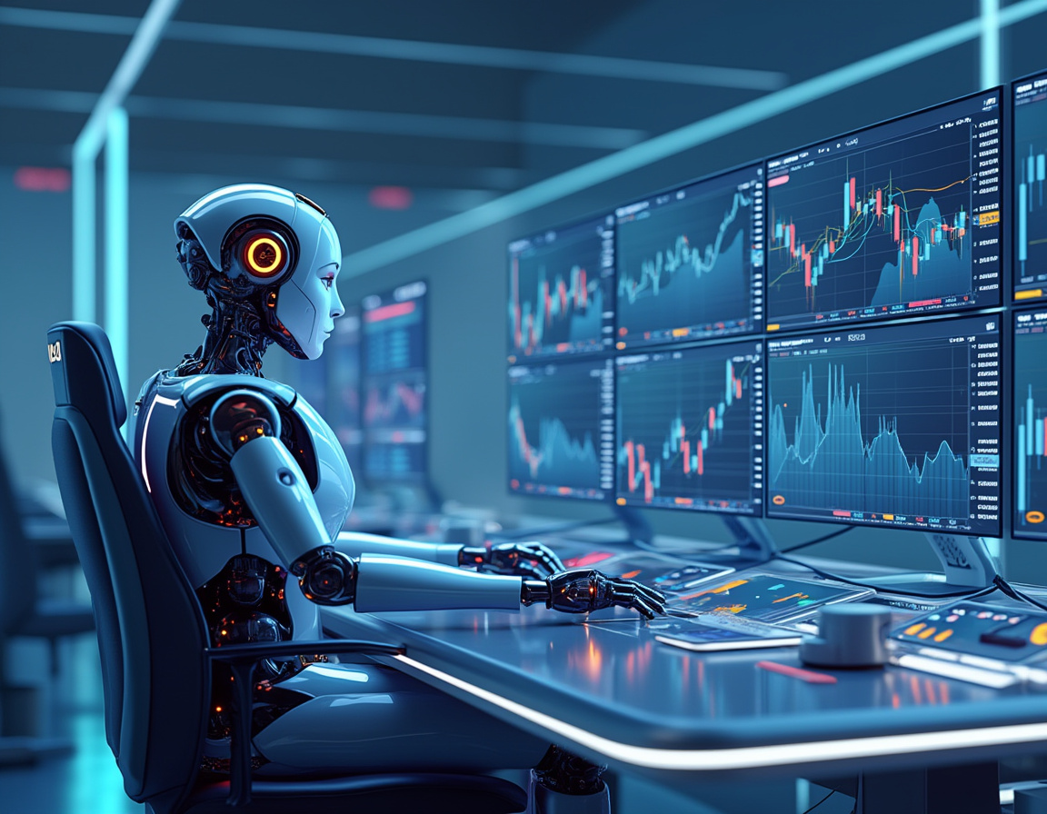 A humanoid AI trading bot operates at a high-tech workstation, analyzing stock and crypto charts.