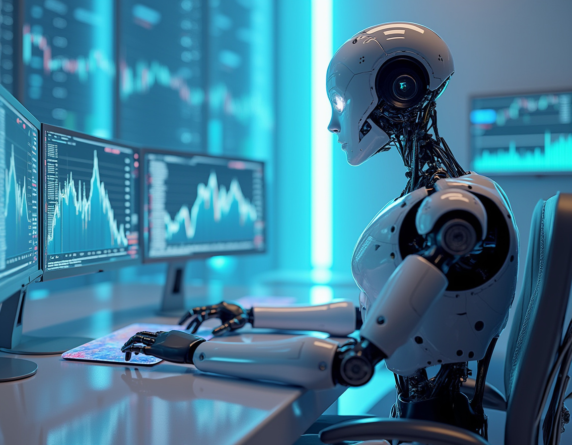 A hyper-realistic AI trading bot analyzes market data at a sleek workstation with glowing screens.