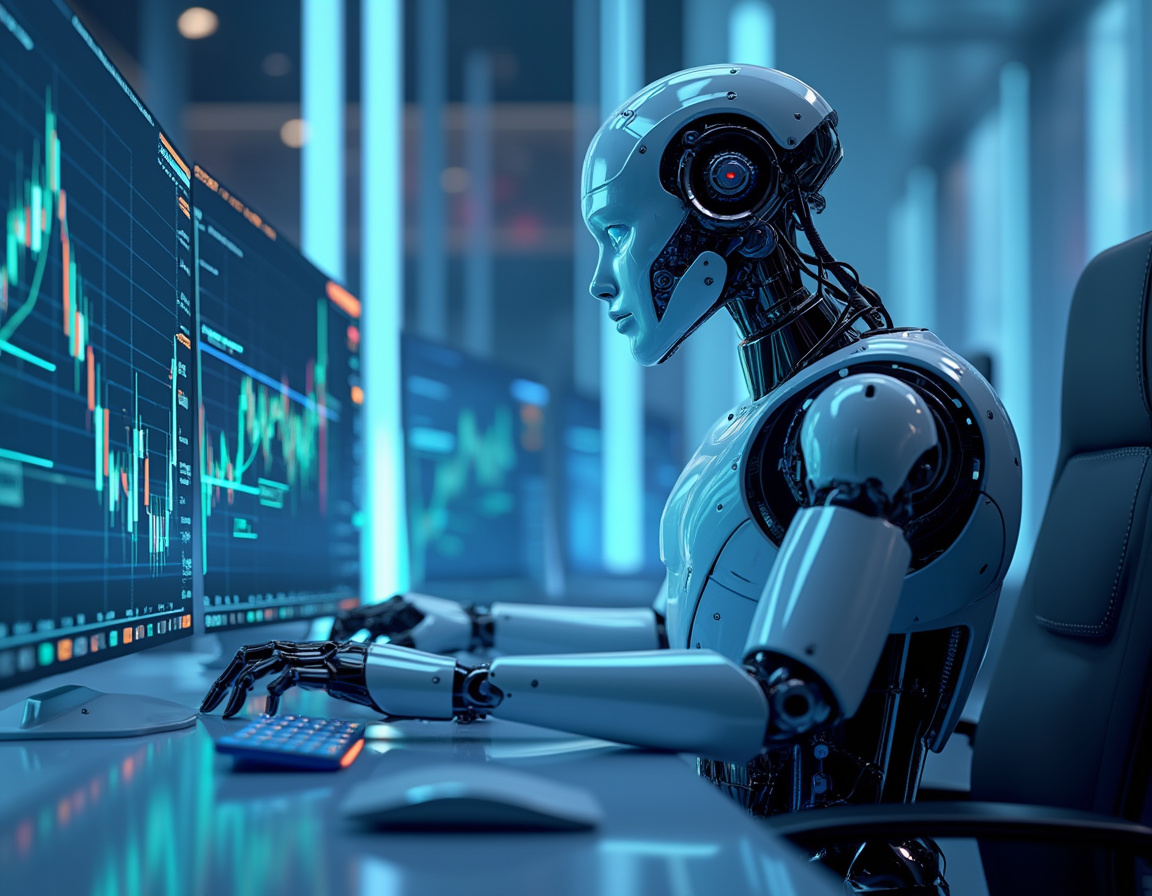A humanoid AI trading bot at a high-tech workstation analyzing market data on multiple screens.
