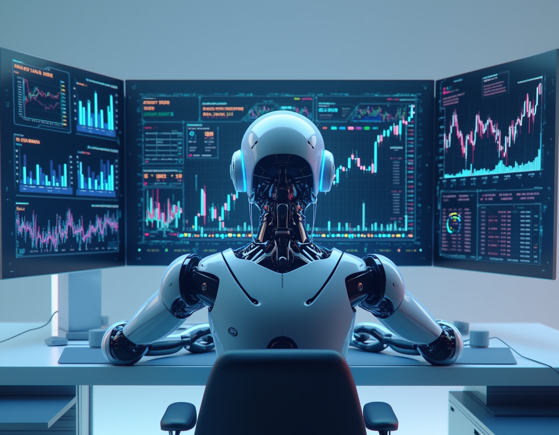 A realistic AI trading bot at a high-tech workstation, analyzing market data on multiple screens.