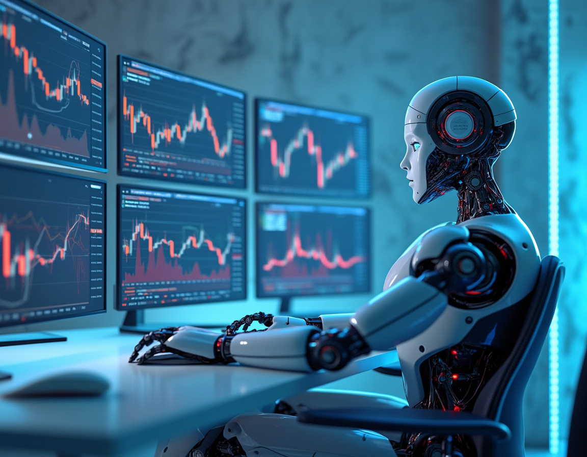 A hyper-realistic AI trading bot in a futuristic setting analyzing market data on multiple screens.
