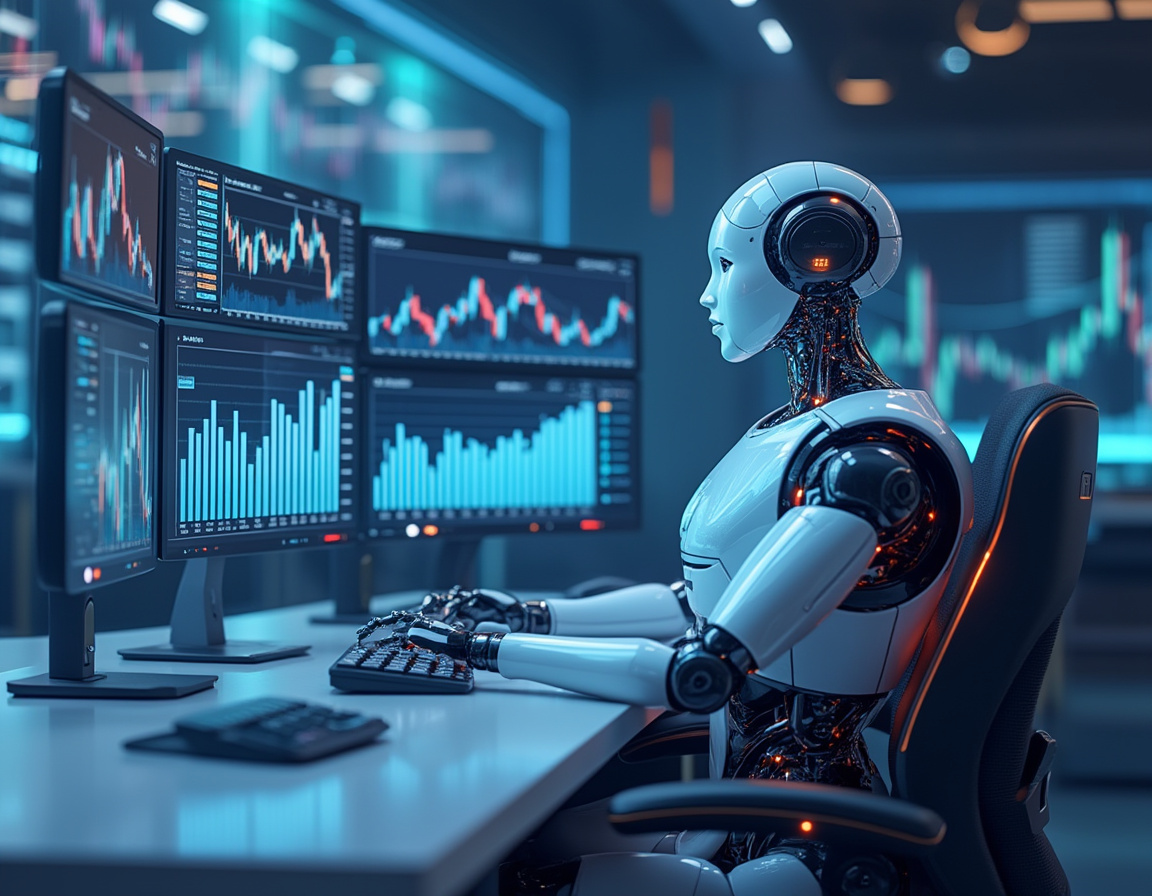 A humanoid AI trading bot at a high-tech workstation analyzing crypto and stock market data trends.
