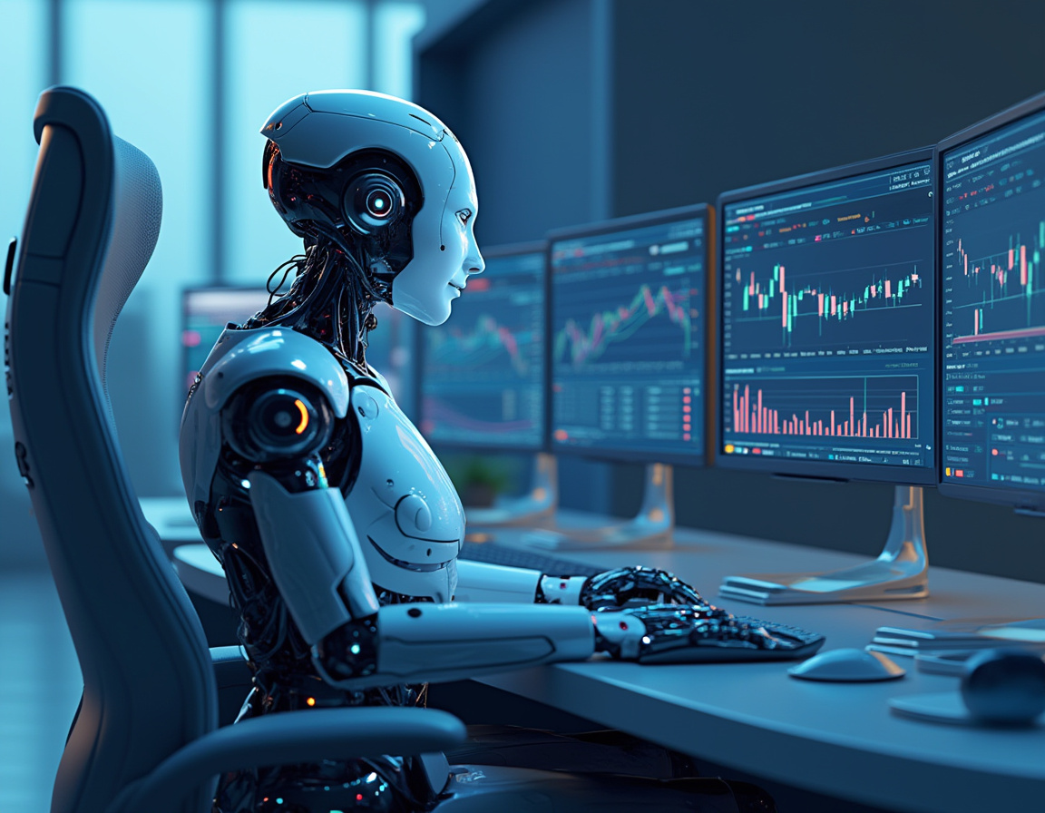 A detailed image of a humanoid AI trading bot analyzing market data at a high-tech workstation.