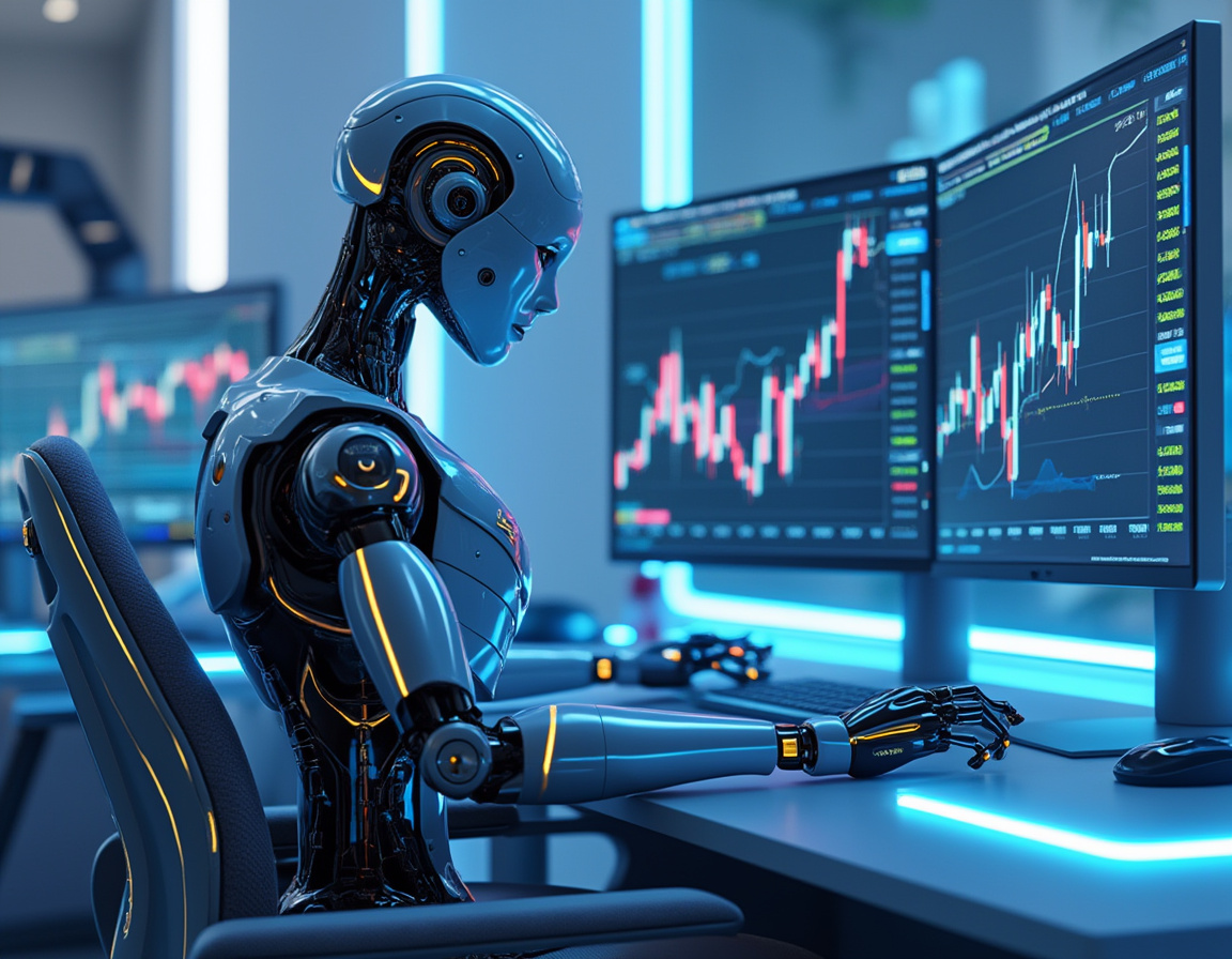 A humanoid AI trading bot analyzing markets at a high-tech workstation with multiple data screens.