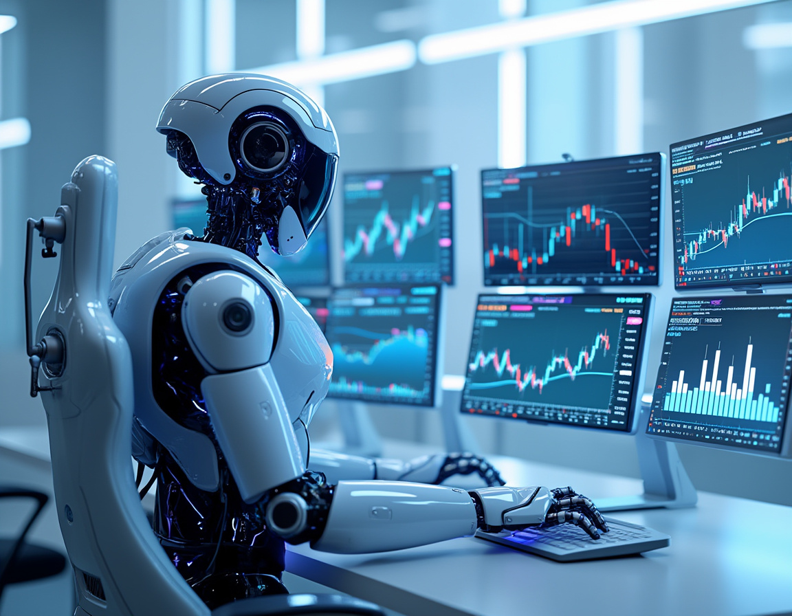 Humanoid AI trading bot at a workstation, analyzing data on screens with stock and crypto trends.
