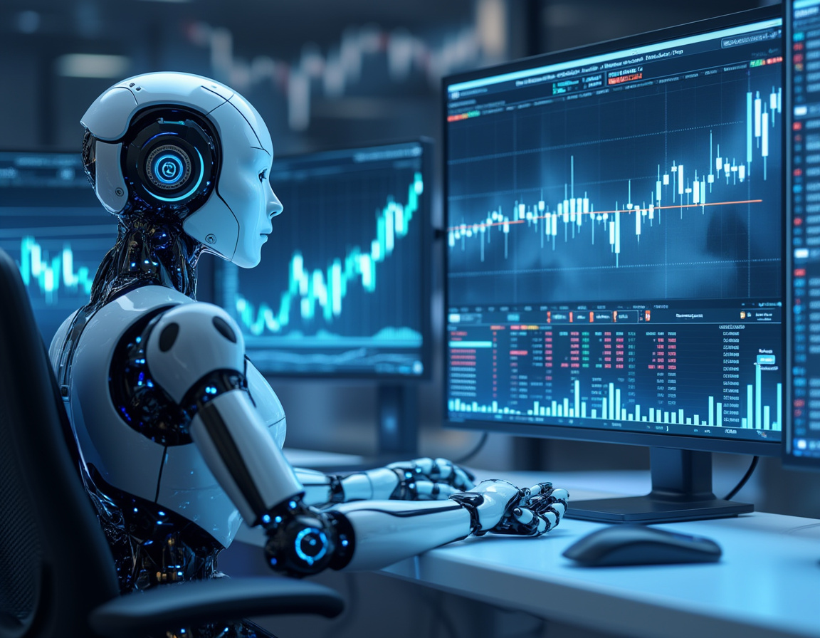 A hyper-realistic AI trading bot in a futuristic setting, analyzing market data on multiple screens.