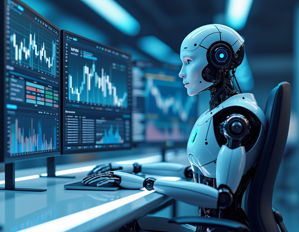 A humanoid AI trading bot at a high-tech workstation analyzing market data on multiple screens.