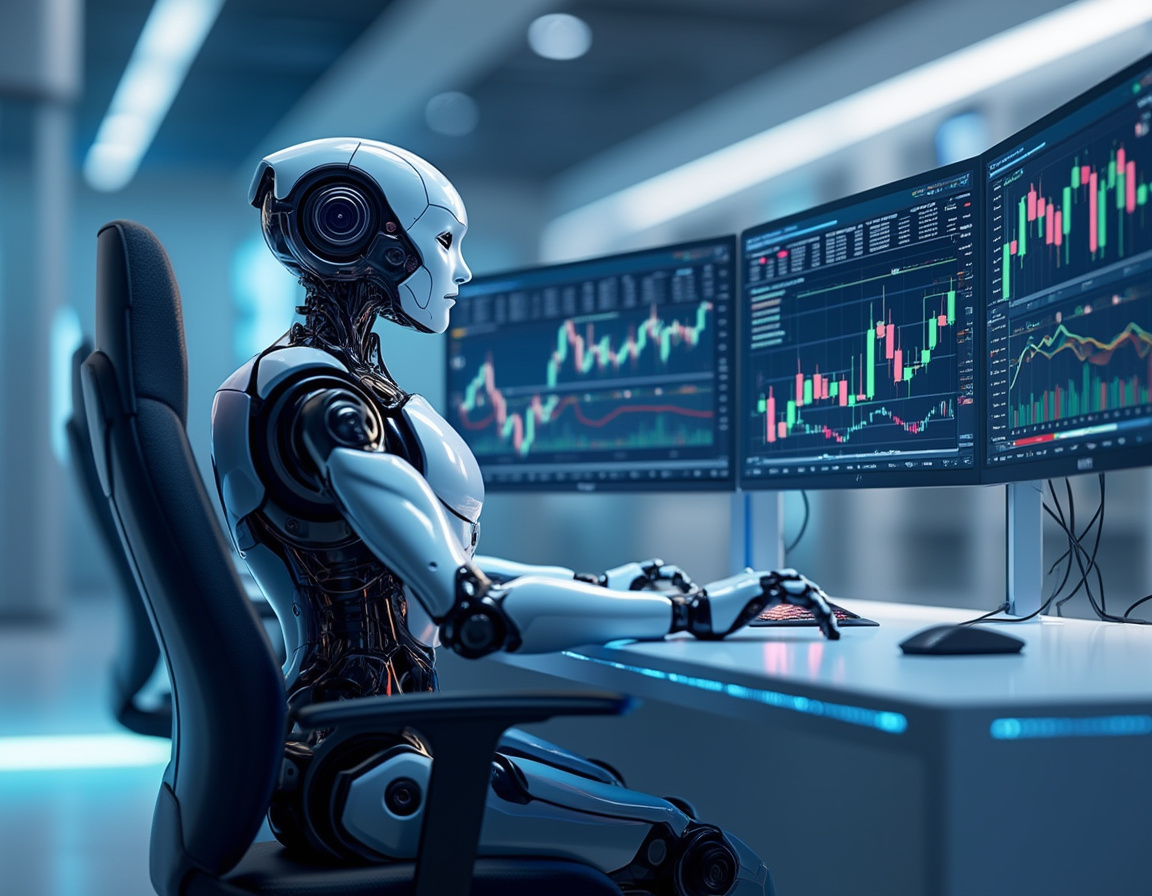 A hyper-realistic AI trading bot at a workstation, analyzing market data on multiple screens.
