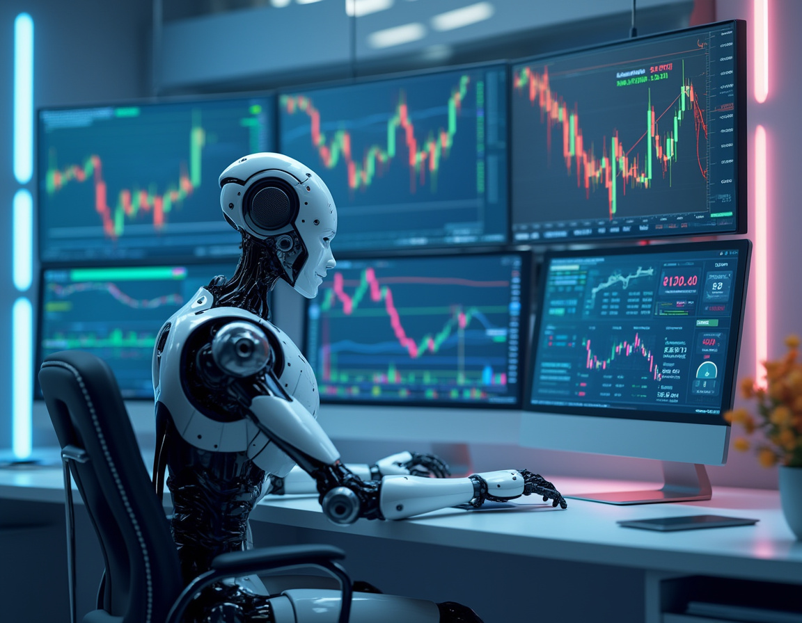 A hyper-realistic AI trading bot analyzes market data on multiple screens in a futuristic setting.
