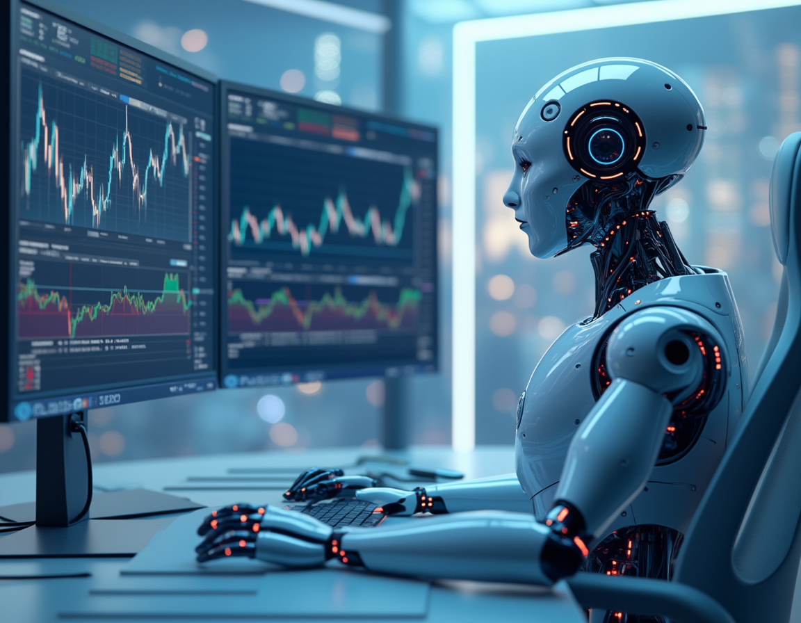 A futuristic AI trading bot analyzes market data at a high-tech workstation surrounded by screens.