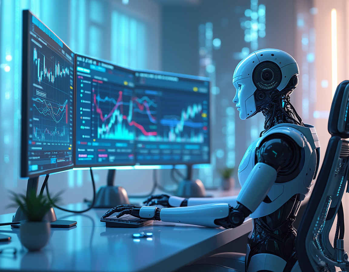 A hyper-realistic AI trading bot at a sleek workstation analyzing market data in a futuristic space.