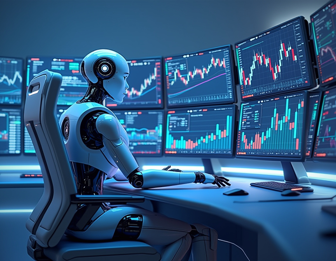 A humanoid AI trading bot at a high-tech workstation, analyzing market data on multiple screens.