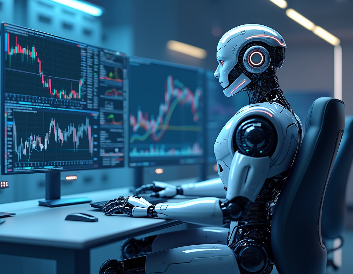 A detailed hyper-realistic AI-powered trading bot analyzing market data in a futuristic setting.
