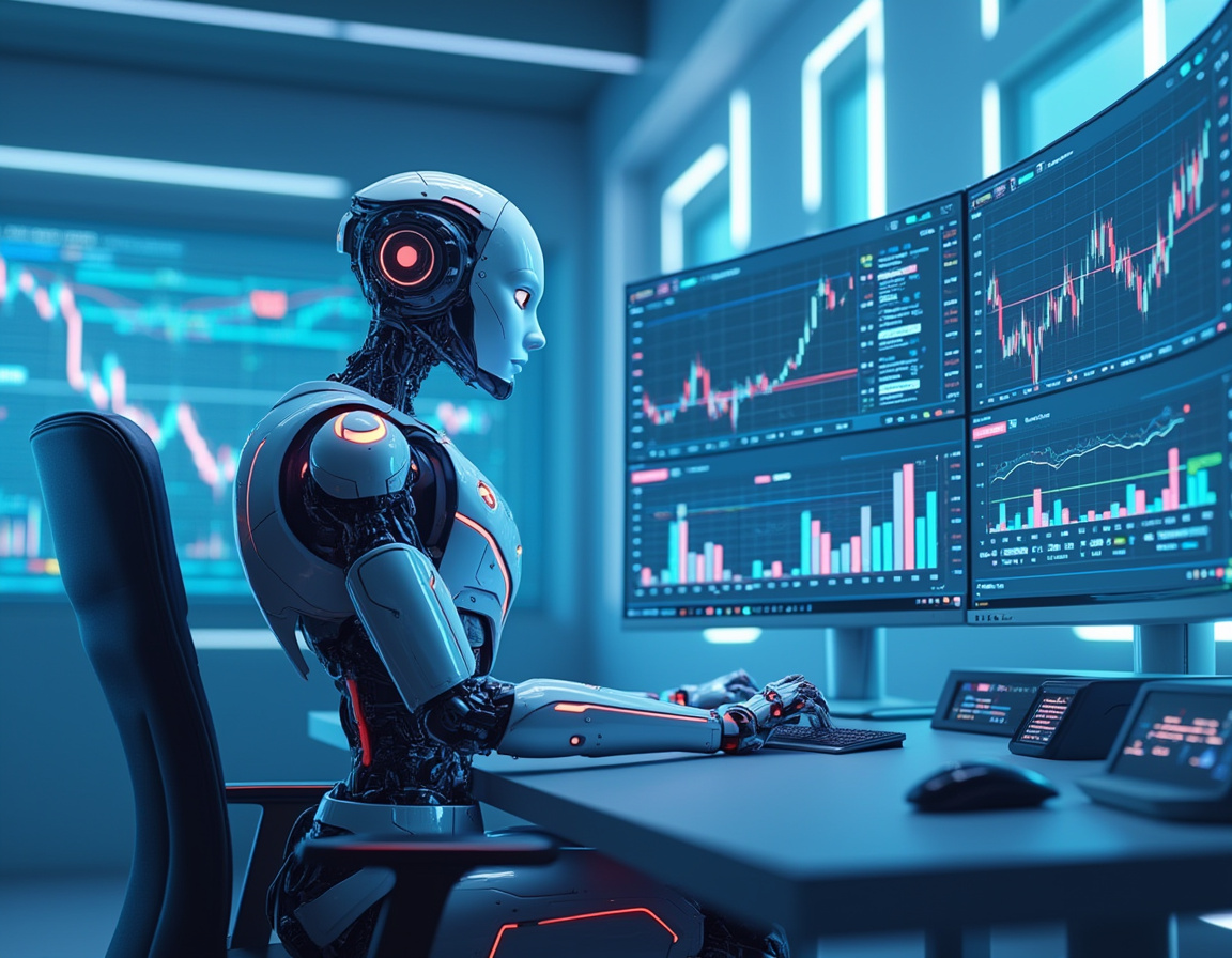 A humanoid AI trading bot analyzes market data at a high-tech workstation with multiple screens.