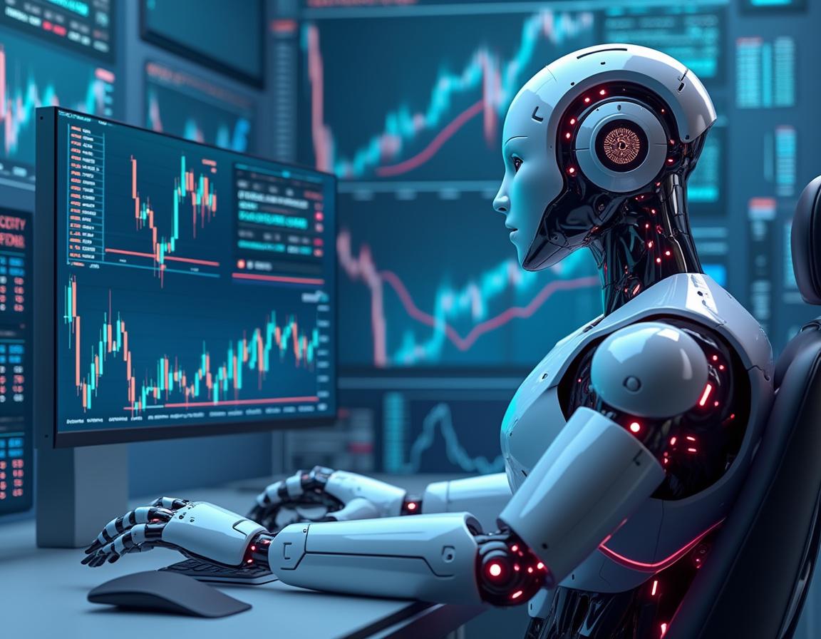 A hyper-realistic AI trading bot at a workstation, analyzing data across multiple financial screens.