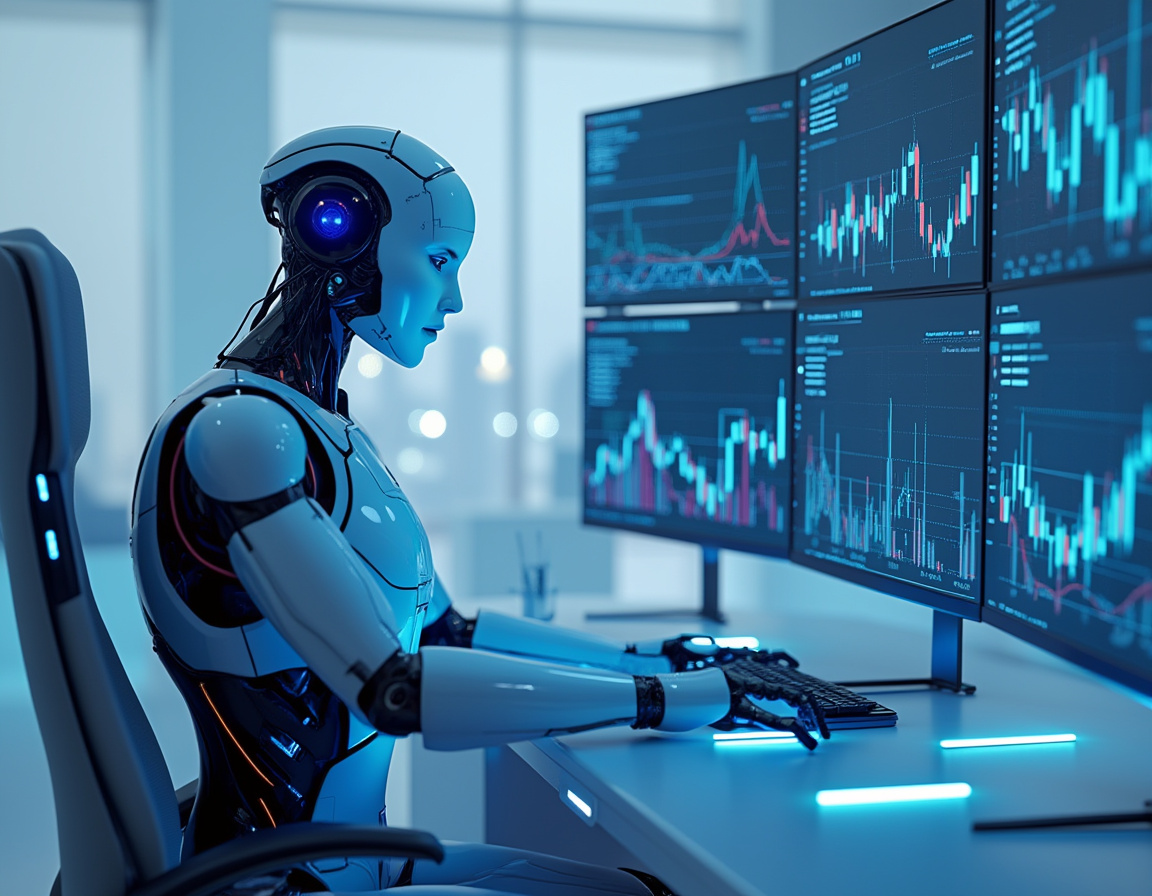 A humanoid AI trading bot analyzes market data at a high-tech workstation with multiple screens.