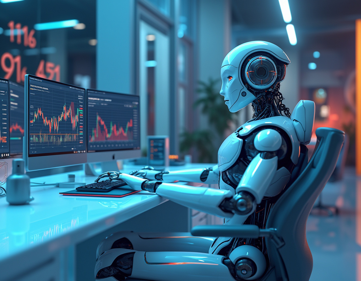A humanoid AI trading bot at a sleek workstation analyzing market data across multiple screens.