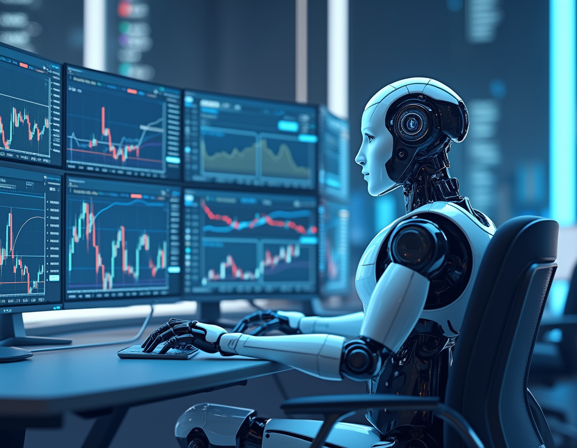 A sleek humanoid AI trading bot analyzes market data on multiple screens in a high-tech setting.