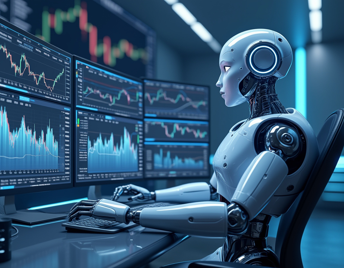 A hyper-realistic AI trading bot analyzes market data on multiple screens in a futuristic setting.