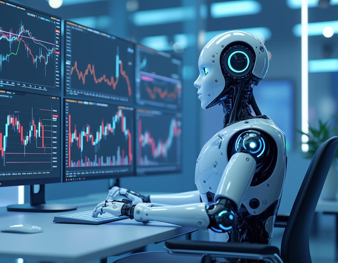 A hyper-realistic AI trading bot at a sleek workstation analyzing market data on multiple screens.