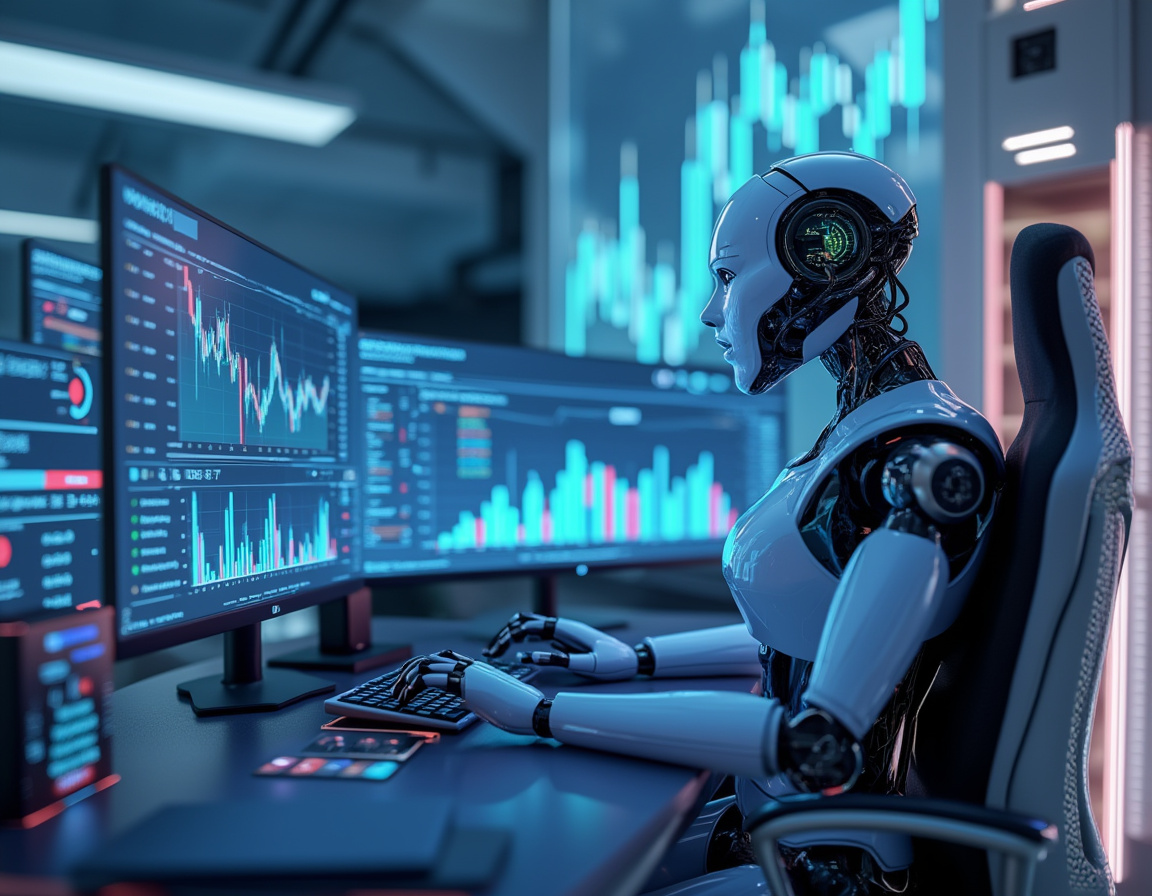 A hyper-realistic AI trading bot at a high-tech workstation, analyzing stock and crypto market data.