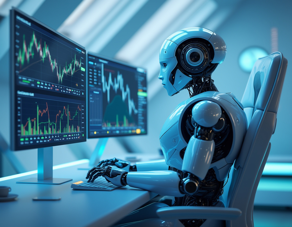 A humanoid AI trading bot analyzes market data at a sleek workstation with several glowing screens.