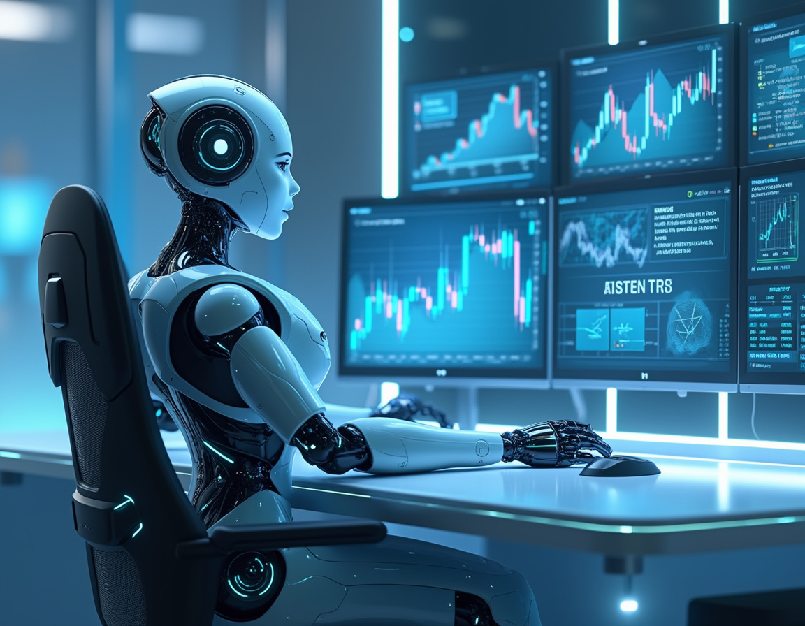 A futuristic AI trading bot at a high-tech workstation, analyzing market data on multiple screens.