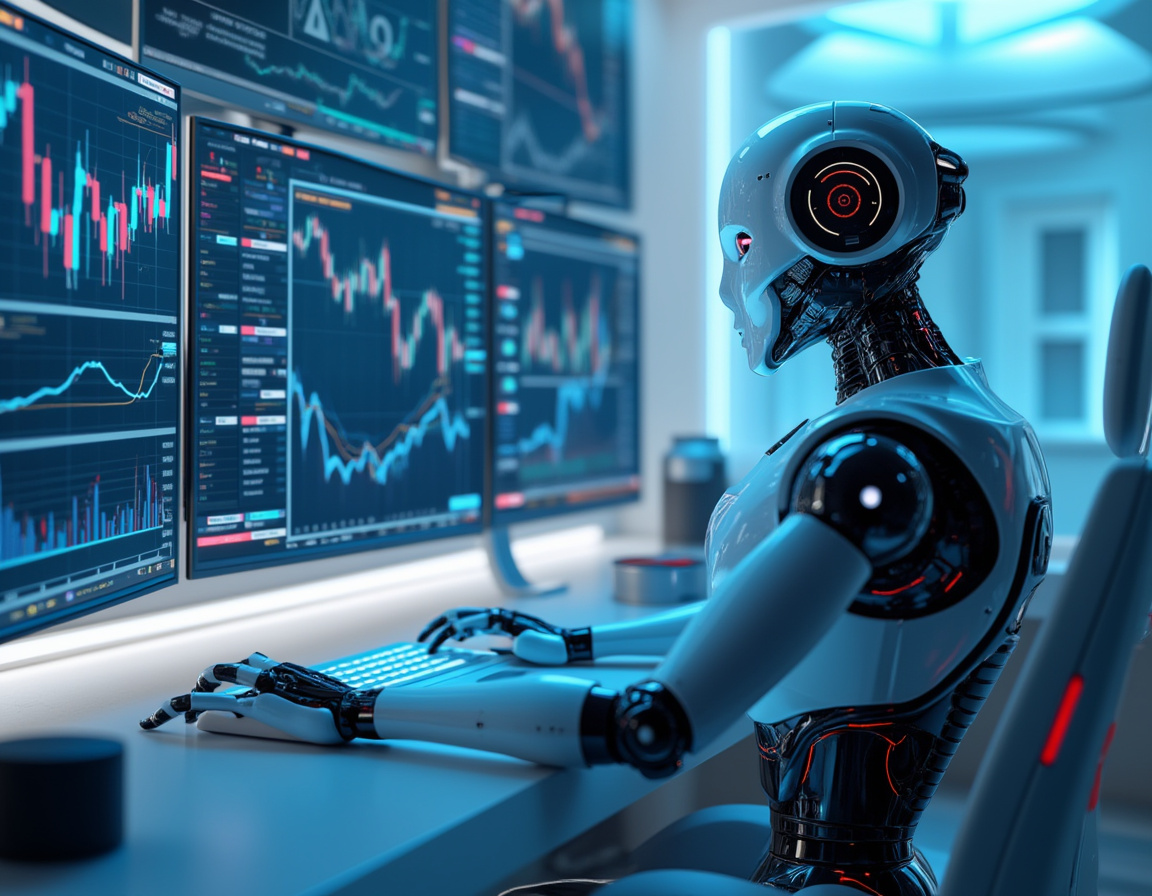 A hyper-realistic AI trading bot analyzes data at a sleek workstation with multiple market screens.