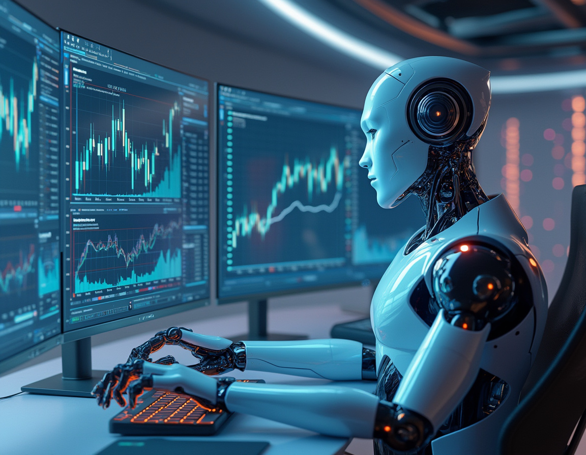 A humanoid AI trading bot analyzes market data at a sleek workstation with multiple glowing screens.