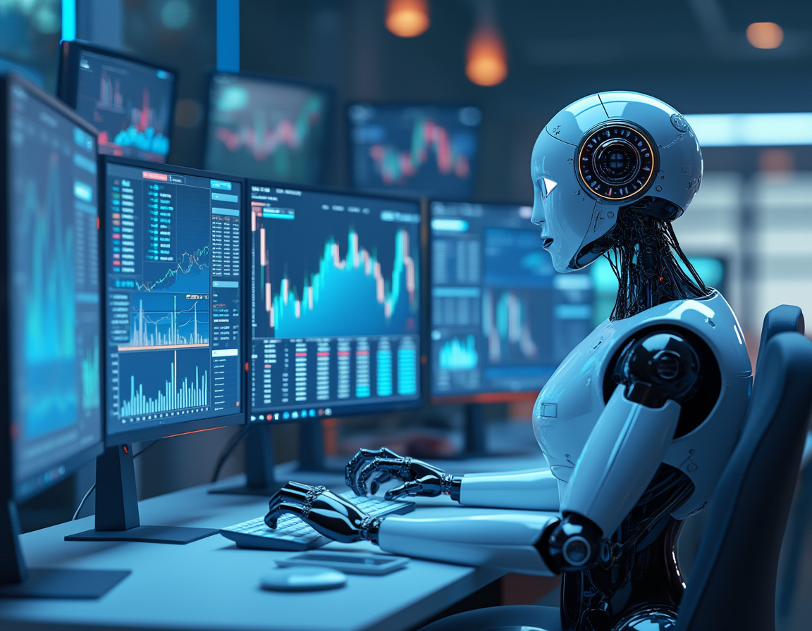 A humanoid AI trading bot analyzes market data at a high-tech workstation with multiple screens.