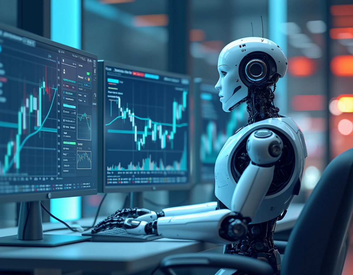 A hyper-realistic AI trading bot working at a high-tech workstation analyzing stock and crypto data.