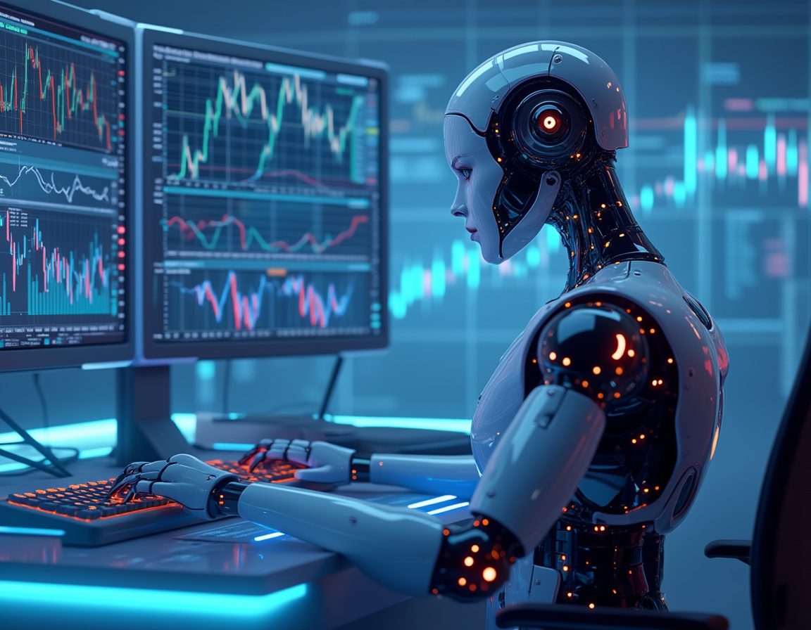 A sleek humanoid AI trading bot analyzes market data on multiple screens in a futuristic setting.