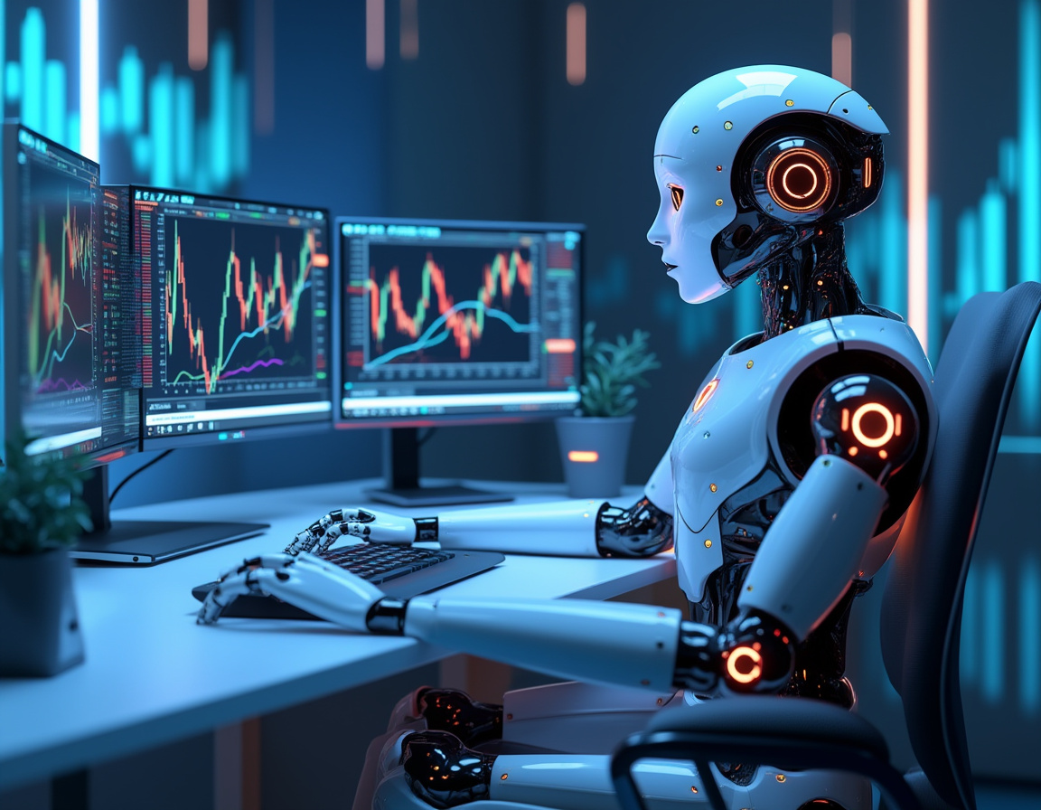 A humanoid AI trading bot at a workstation analyzes stock and crypto data on multiple screens in 3D.