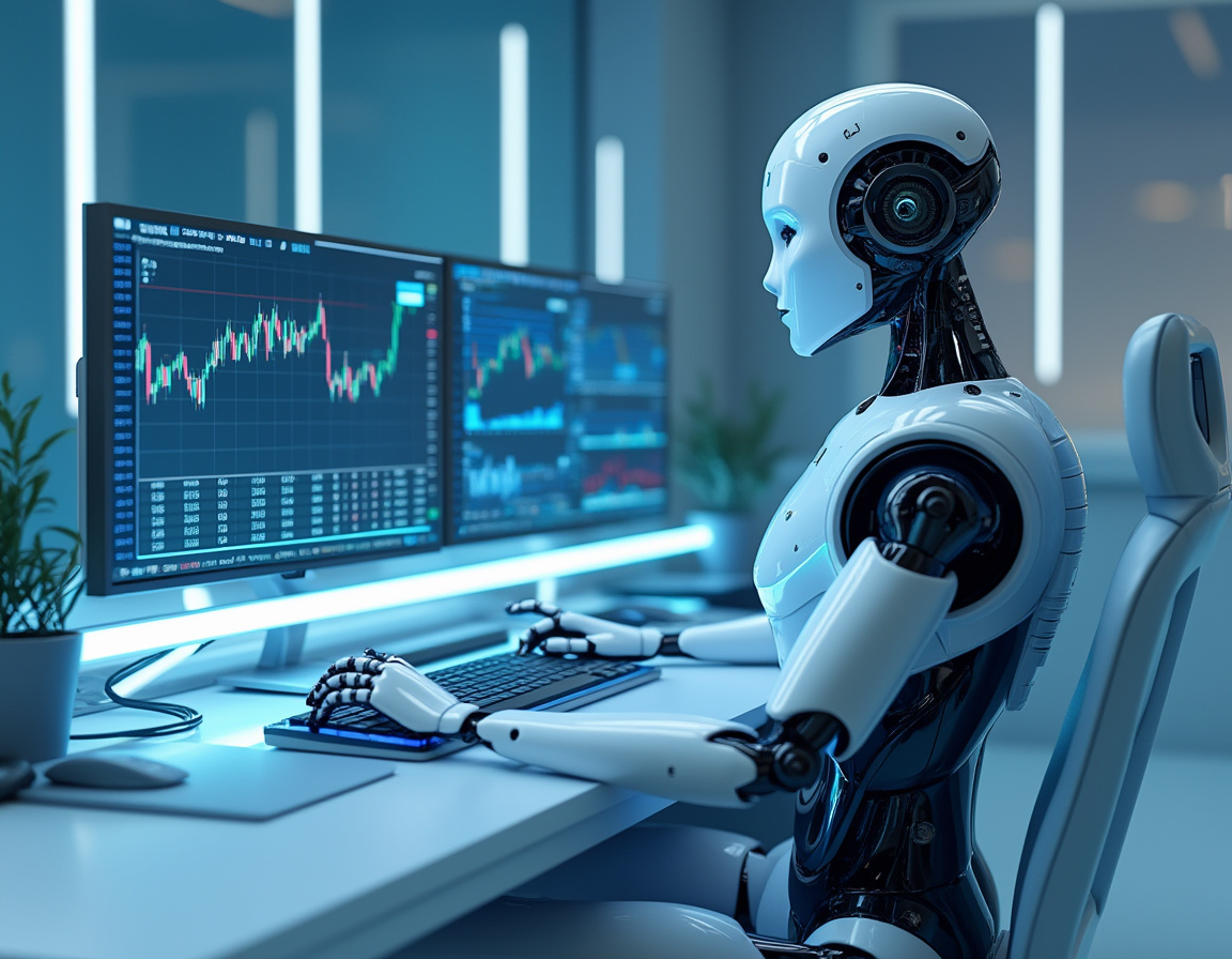 A humanoid AI trading bot analyzes market data at a high-tech workstation with multiple screens.