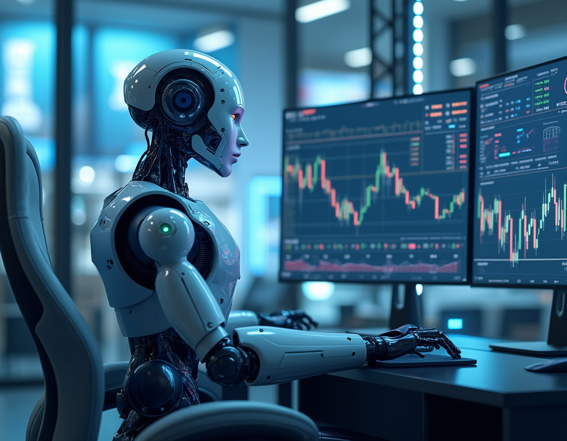 A humanoid AI trading bot analyzes market data at a high-tech station with multiple glowing screens.