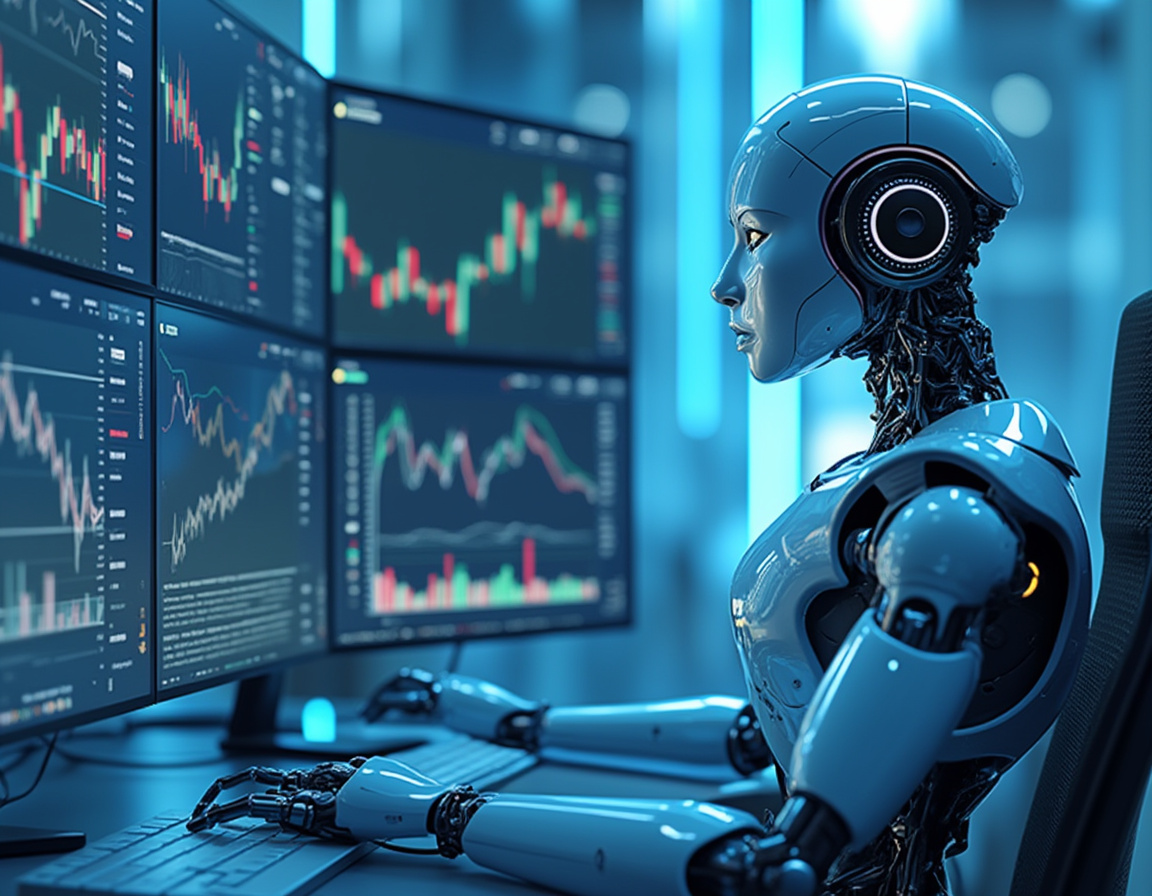 A humanoid AI trading bot analyzes market data at a high-tech workstation with multiple screens.