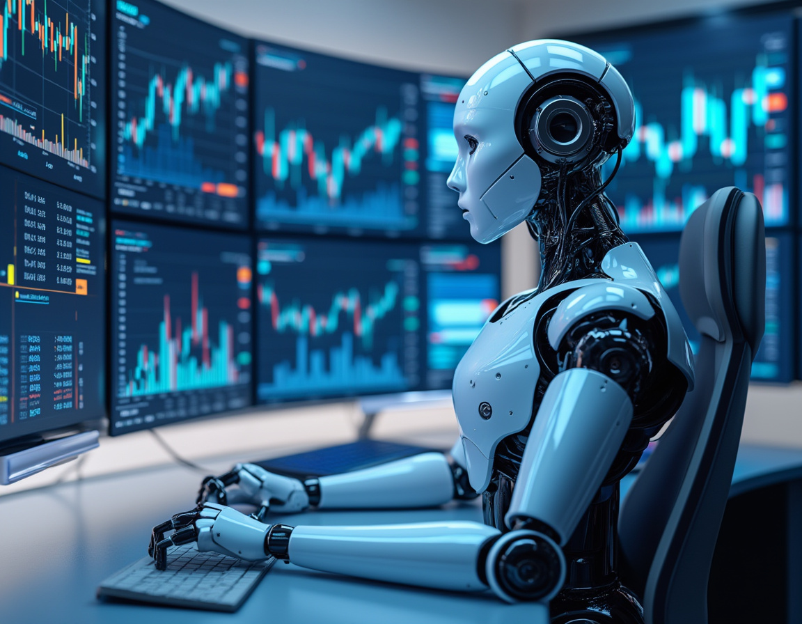 A humanoid AI trading bot analyzes market data at a high-tech workstation amid glowing screens.