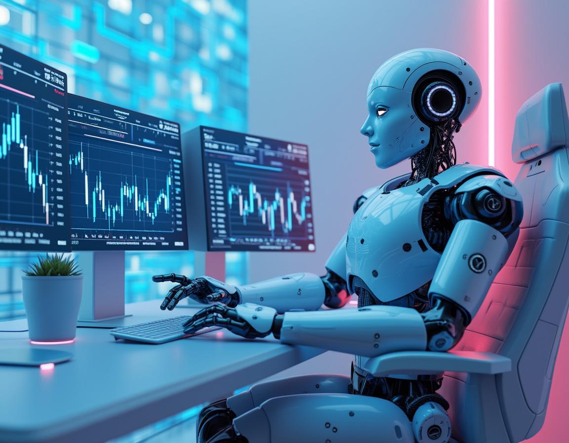 A sleek AI trading bot analyzes market data at a high-tech workstation with multiple screens.