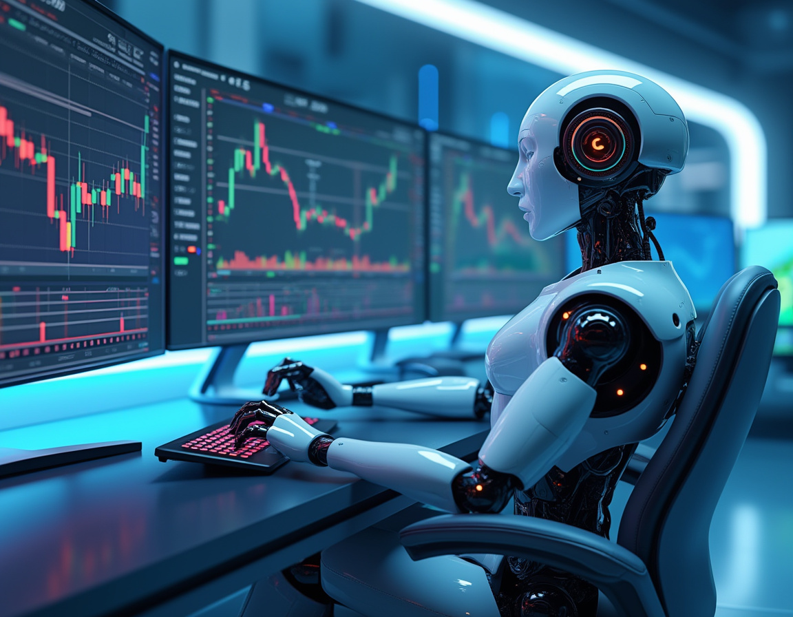 A hyper-realistic AI trading bot at a futuristic workstation, analyzing data on multiple screens.