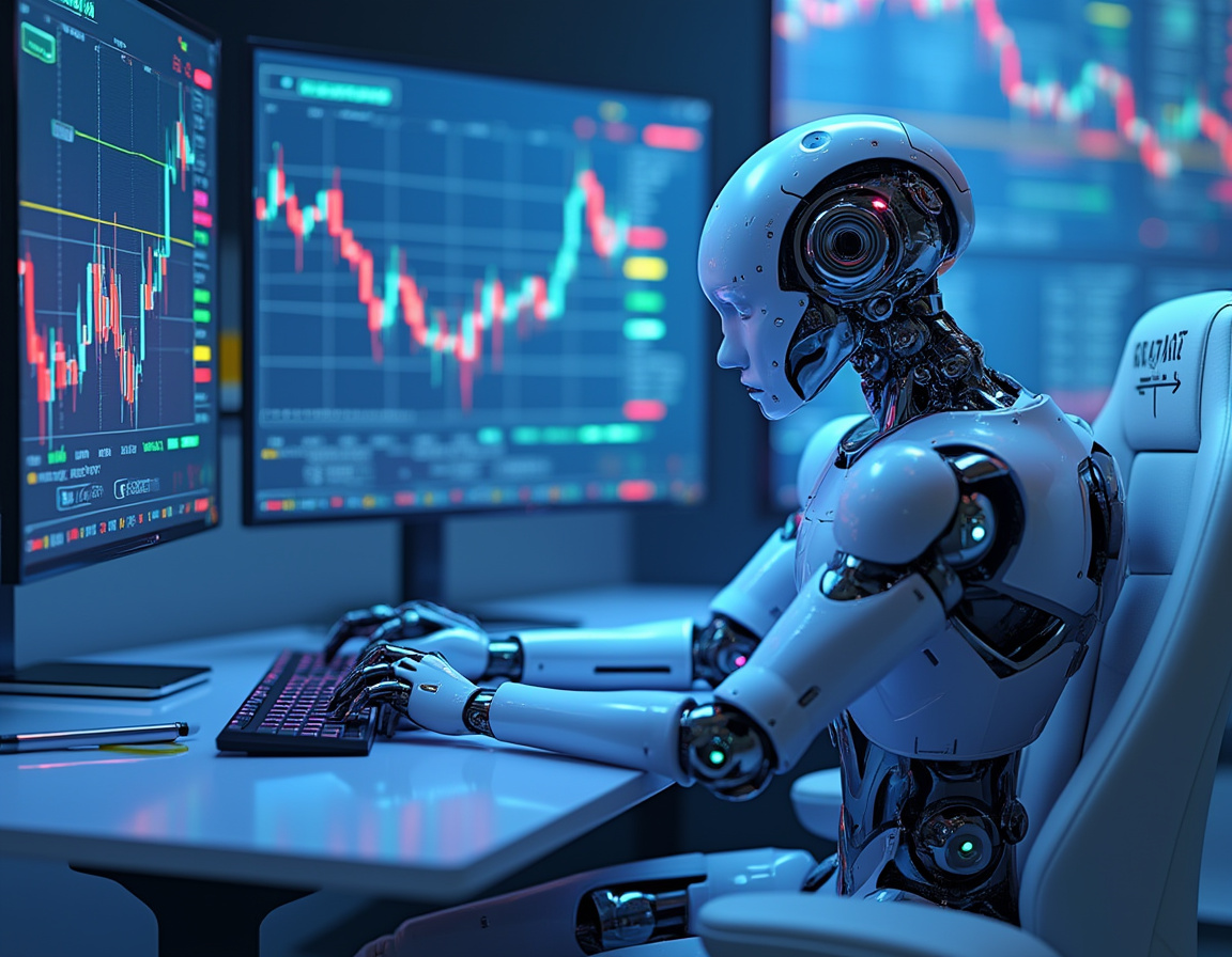A humanoid AI trading bot analyzes market data at a high-tech workstation with glowing screens.