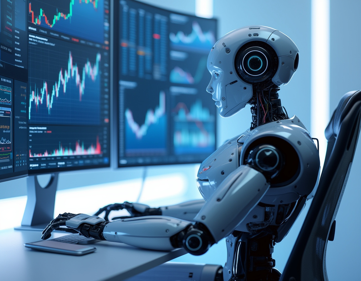 A humanoid AI trading bot at a high-tech workstation analyzing market data on multiple screens.