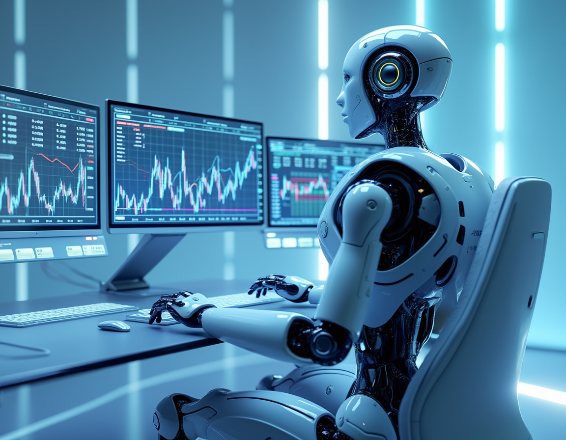 A hyper-realistic AI trading bot analyzes data at a futuristic workstation with multiple screens.