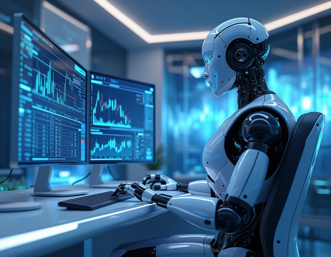 A humanoid AI trading bot at a high-tech workstation analyzing market data on multiple screens.