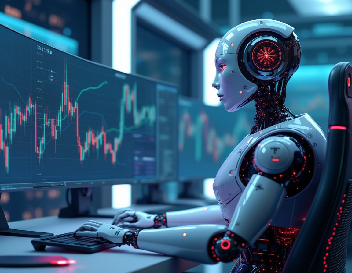 A hyper-realistic AI trading bot at a high-tech workstation analyzing stock and crypto market data.