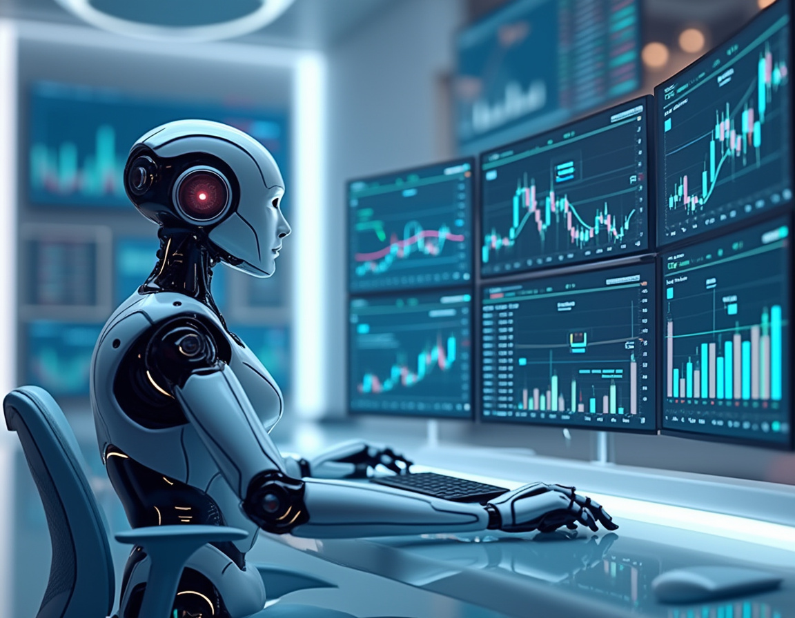 A hyper-realistic AI trading bot analyzes market data at a high-tech workstation with neon lighting.