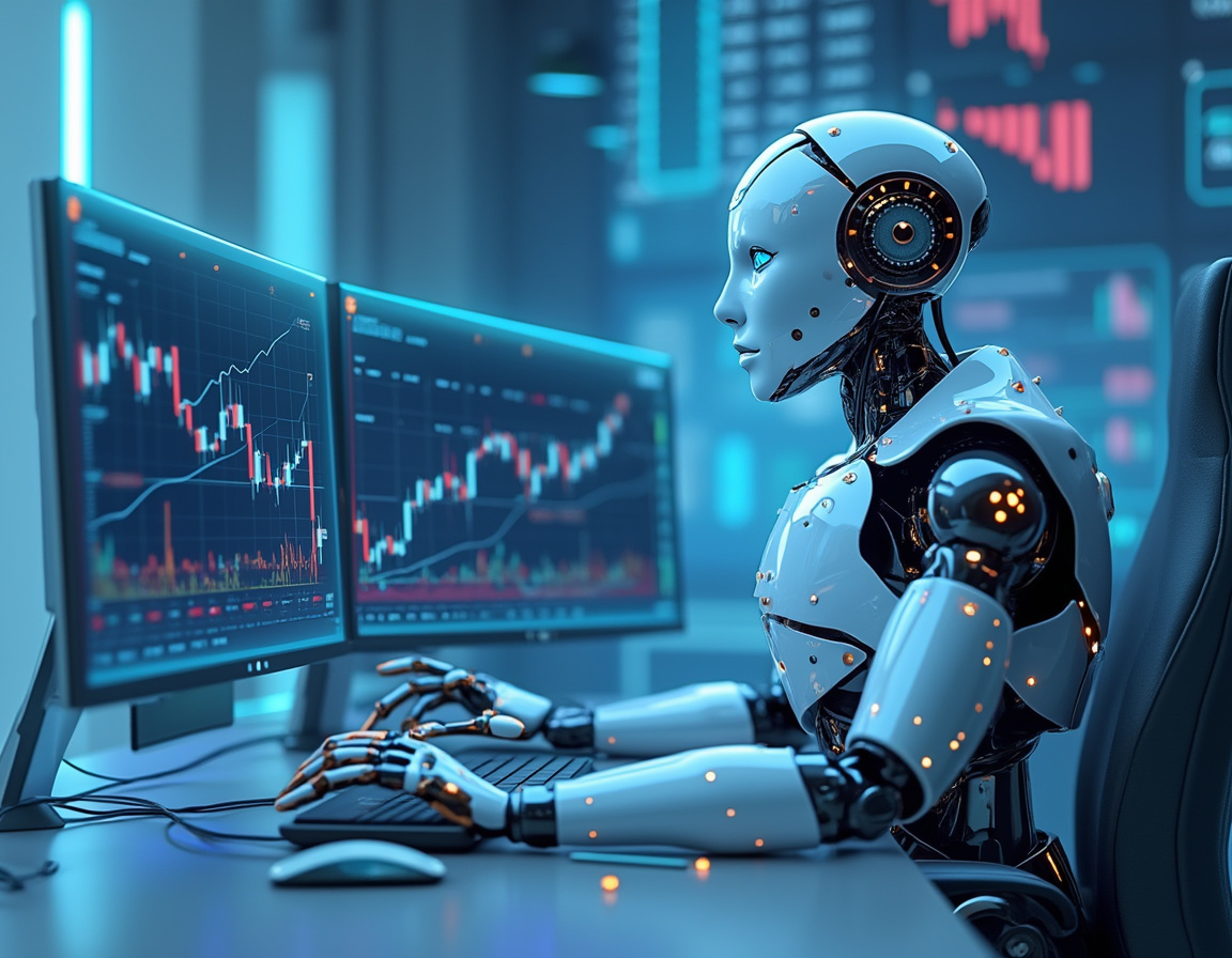 A humanoid AI trading bot analyzes market data at a high-tech workstation with multiple screens.